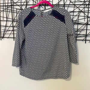 Blue and white geometric blouse with lace detail